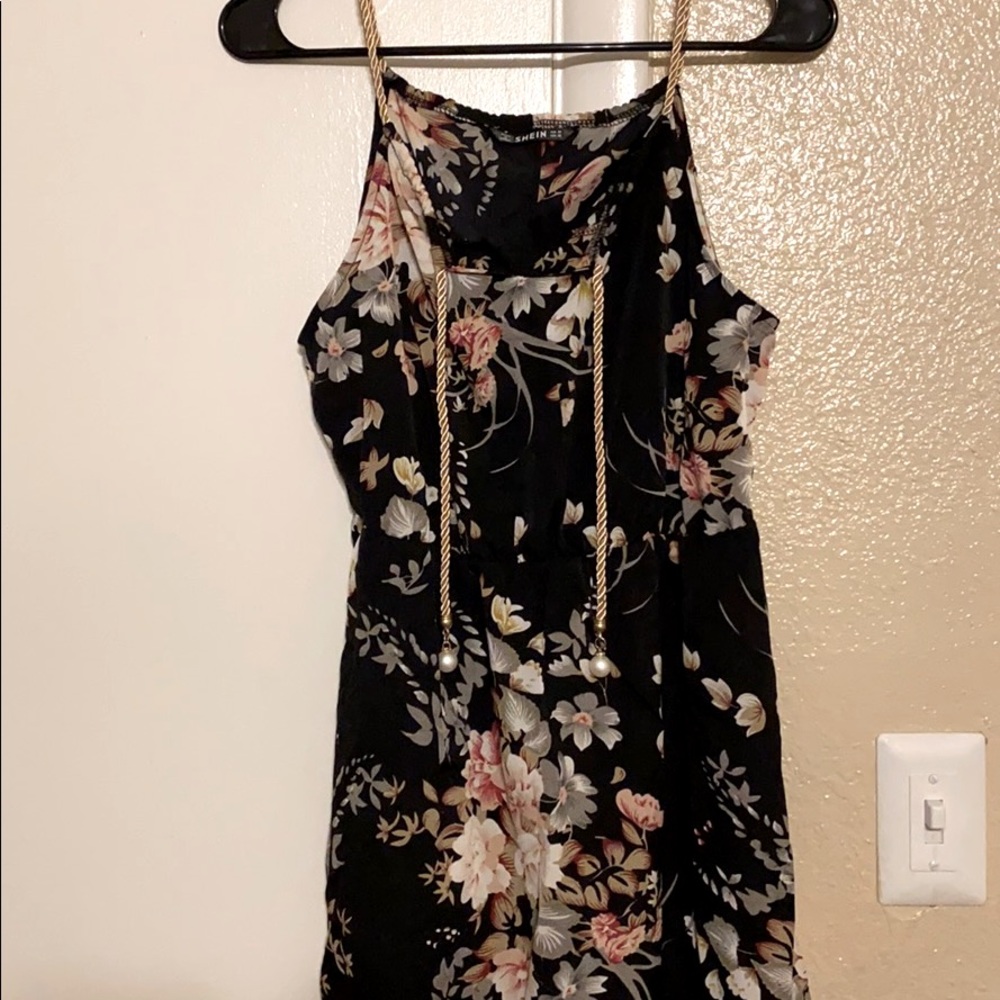 Black floral dress with golden rope/pearl details